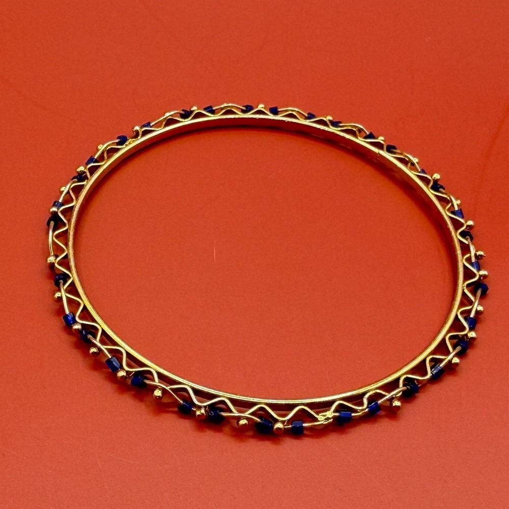 Gold Tone Cobalt Blue Beaded Bangle Bracelet Wirework Boho Statement Vintage